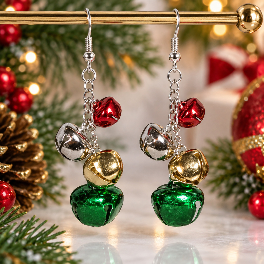 Handmade Christmas Jingle Bell Earring Red Green Gold Silver Dangle Holiday #C44